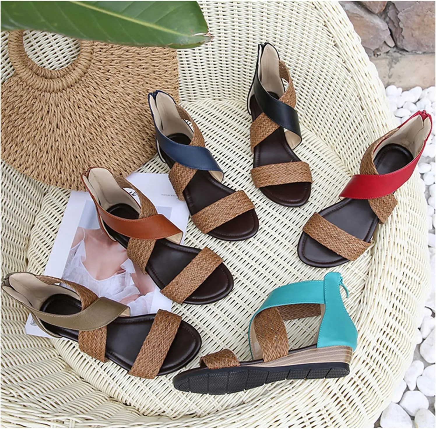 ORNVEION Women's Crossover Woven Low Wedges Rome Sandals,Bohemian Retro Non-Slip Back Zipper Casual Beach Walking Soft Flats Platform Dressy Sandals