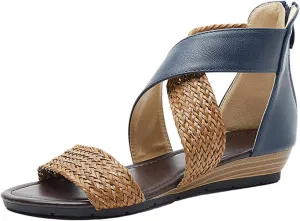 ORNVEION Women's Crossover Woven Low Wedges Rome Sandals,Bohemian Retro Non-Slip Back Zipper Casual Beach Walking Soft Flats Platform Dressy Sandals