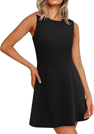 Otime Summer Dresses for Women 2025 A-Line Skirt Sleeveless Boat Collar Simple Solid Color Womens Dresses Casual