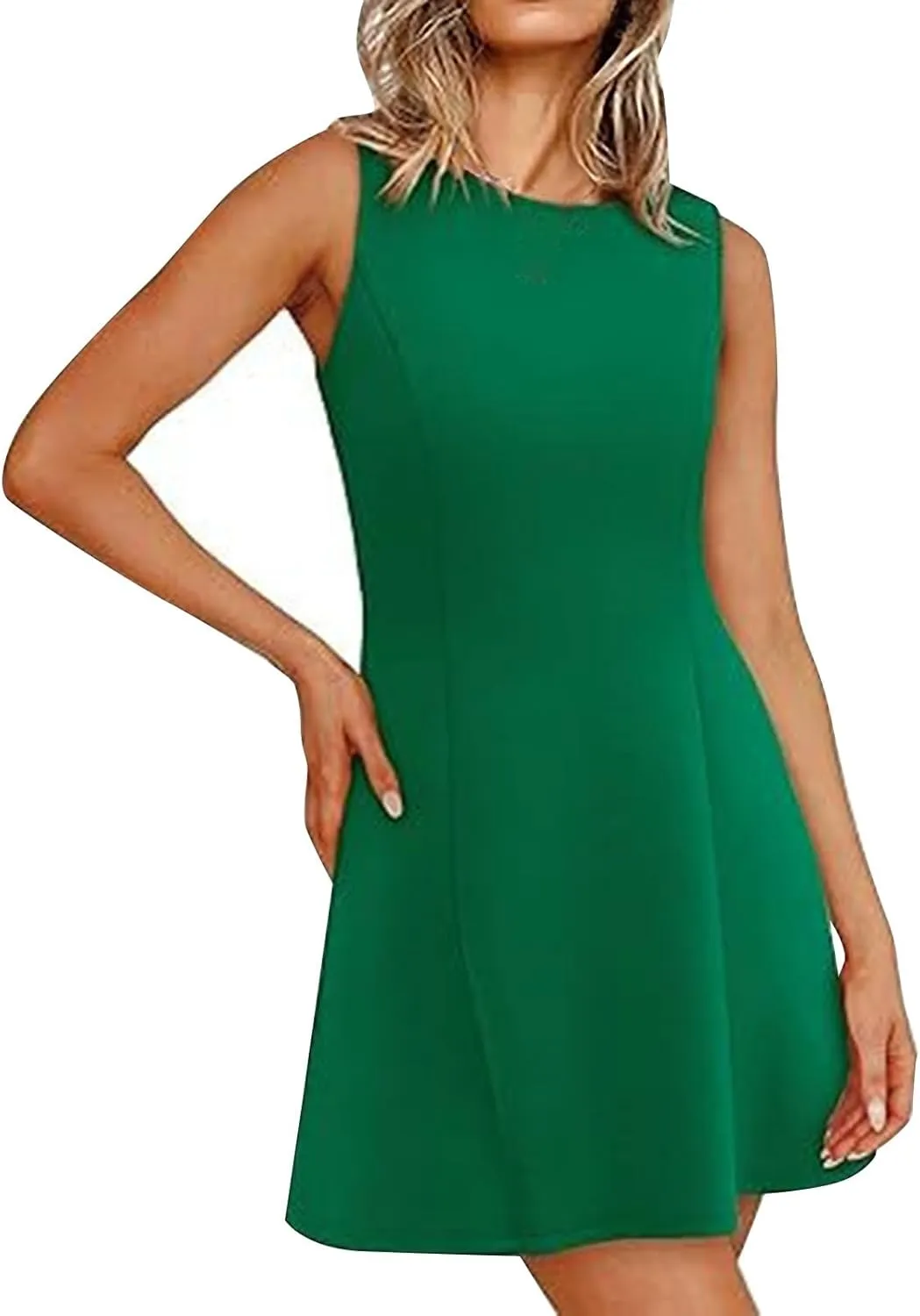 Otime Summer Dresses for Women 2025 A-Line Skirt Sleeveless Boat Collar Simple Solid Color Womens Dresses Casual