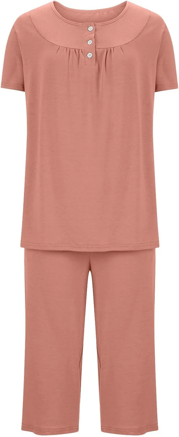 Pajama Sets For Women 2 Piece Pleated Button Down Sleepwear Sets Crewneck Shirts And Capri Pants Lounge Set Nightwear