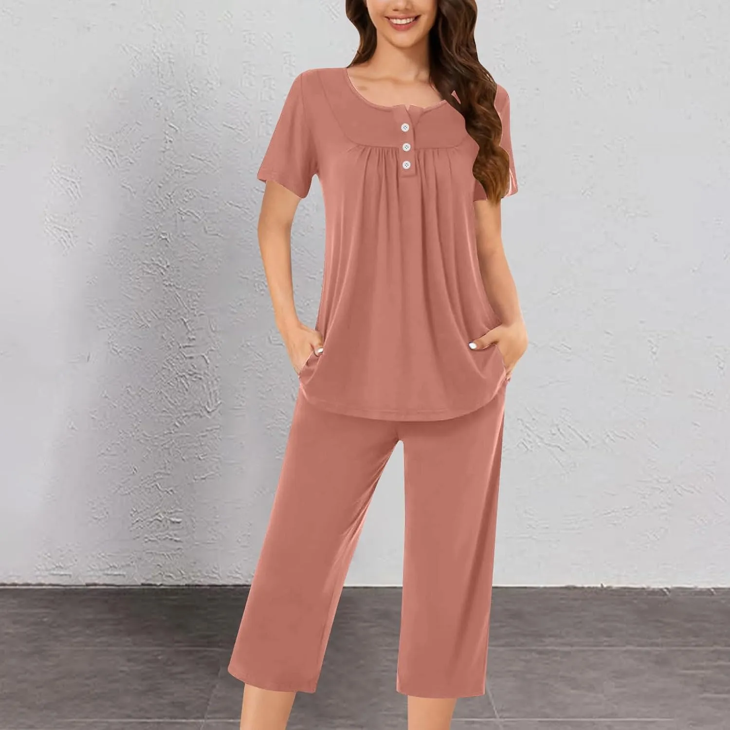 Pajama Sets For Women 2 Piece Pleated Button Down Sleepwear Sets Crewneck Shirts And Capri Pants Lounge Set Nightwear