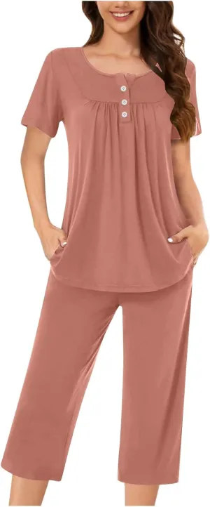 Pajama Sets For Women 2 Piece Pleated Button Down Sleepwear Sets Crewneck Shirts And Capri Pants Lounge Set Nightwear