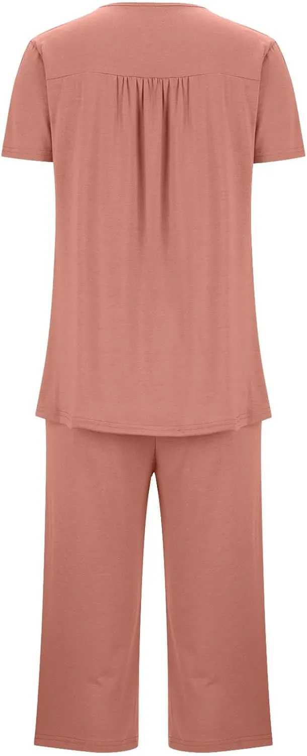 Pajama Sets For Women 2 Piece Pleated Button Down Sleepwear Sets Crewneck Shirts And Capri Pants Lounge Set Nightwear