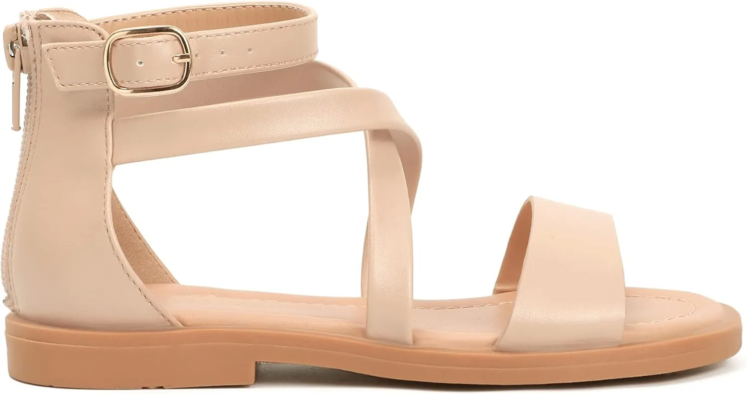 PANDANINJIA Cindy Girls Gladiator Sandals Toddler/Little Kid Open Toe Cross Strappy Dress Flats Sandals Summer Shoes with Back Zipper