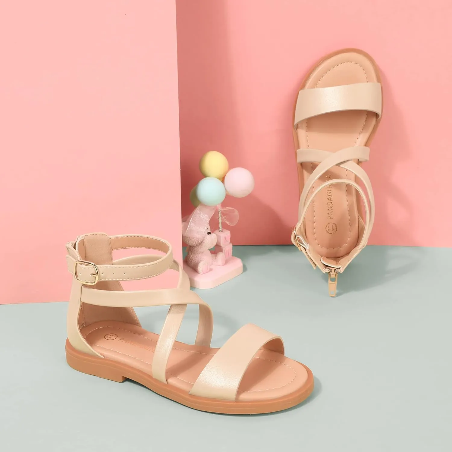 PANDANINJIA Cindy Girls Gladiator Sandals Toddler/Little Kid Open Toe Cross Strappy Dress Flats Sandals Summer Shoes with Back Zipper