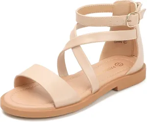 PANDANINJIA Cindy Girls Gladiator Sandals Toddler/Little Kid Open Toe Cross Strappy Dress Flats Sandals Summer Shoes with Back Zipper