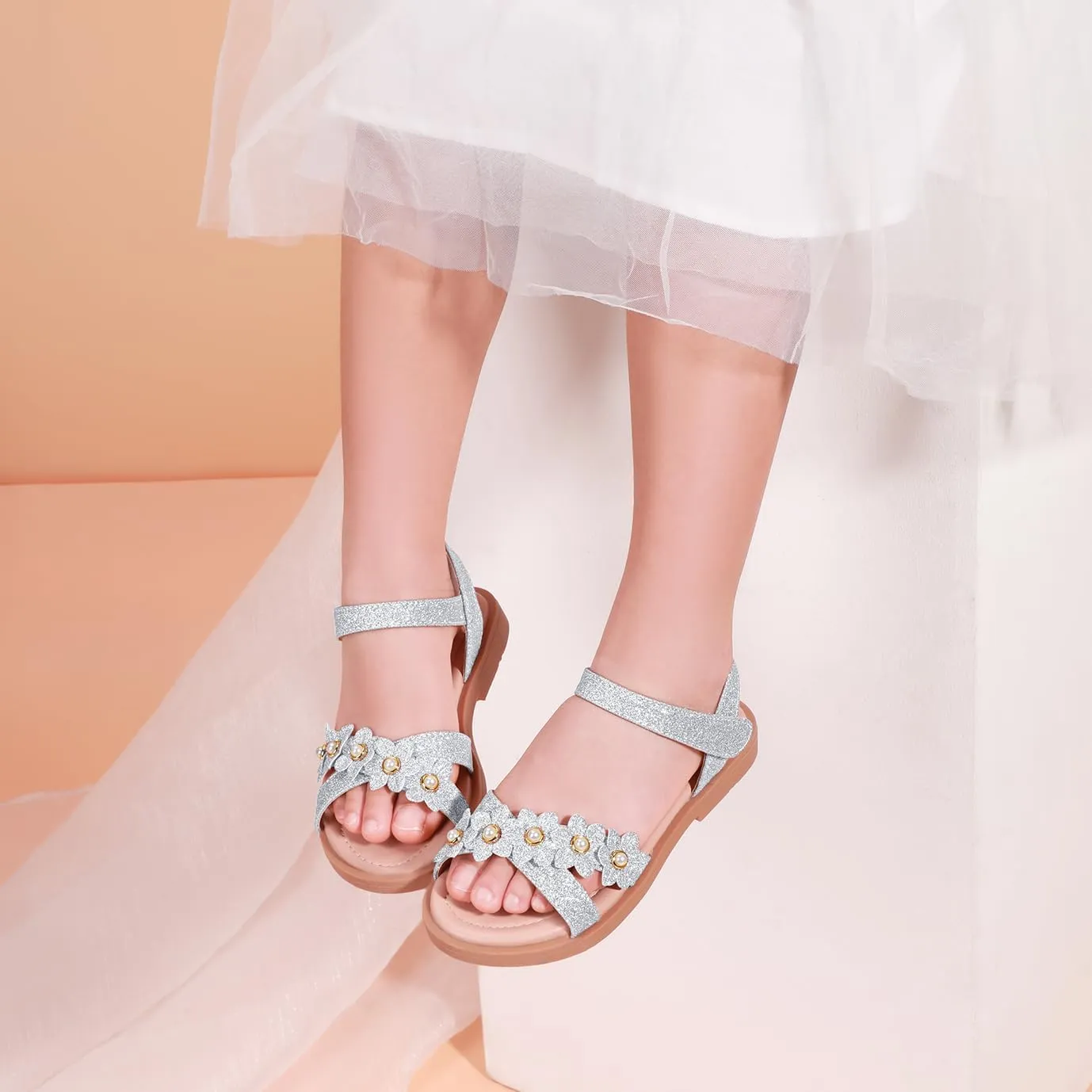 PANDANINJIA Elva Girls Sandals Open Toe Cute Flats Dress Sandals Cross Strappy Summer Shoes Toddler/Little Kid/Big Kid