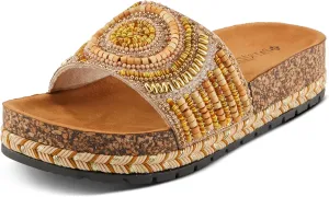 PATRIZIA Women's SWIRLA Multicolor Beaded One-Band Slide Cork Wedge Sandals
