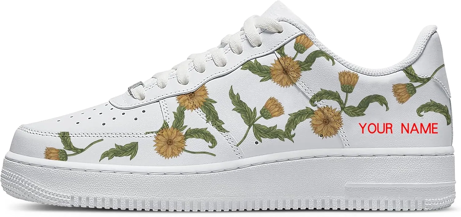 Personalized Sunflower Basketball Shoes - Custom Name Classic Lace Up Low-Top Fashion Sneakers for Men and Women, Breathable Anti-Slip Outdoor Training Shoes - Unique Floral Design