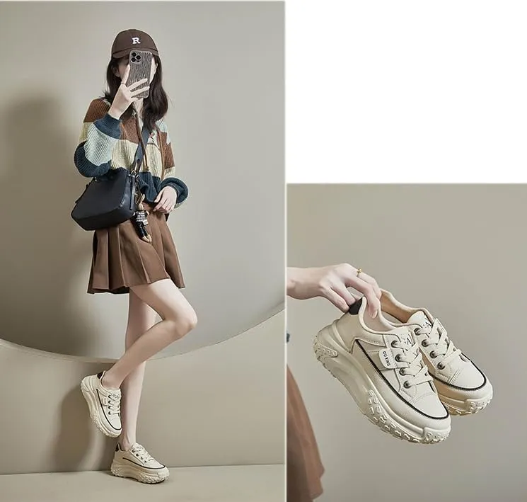 Platform Sneakers High Heel Sneakers for Women Wedge Sneakers Leather Upper Fashion Lace up Sneakers Increasing 1.78 inch