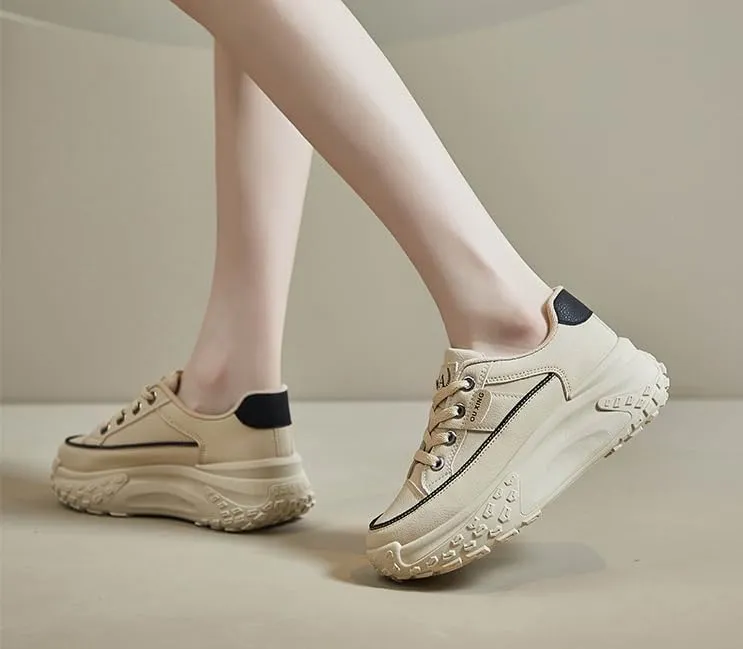 Platform Sneakers High Heel Sneakers for Women Wedge Sneakers Leather Upper Fashion Lace up Sneakers Increasing 1.78 inch