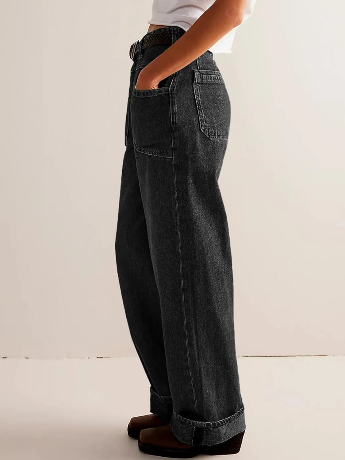 PLNOTME Womens Cuffed Wide Leg Jeans Boyfriend Casual Mid Rise Denim Pants with Pockets