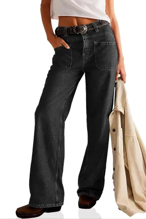 PLNOTME Womens Cuffed Wide Leg Jeans Boyfriend Casual Mid Rise Denim Pants with Pockets