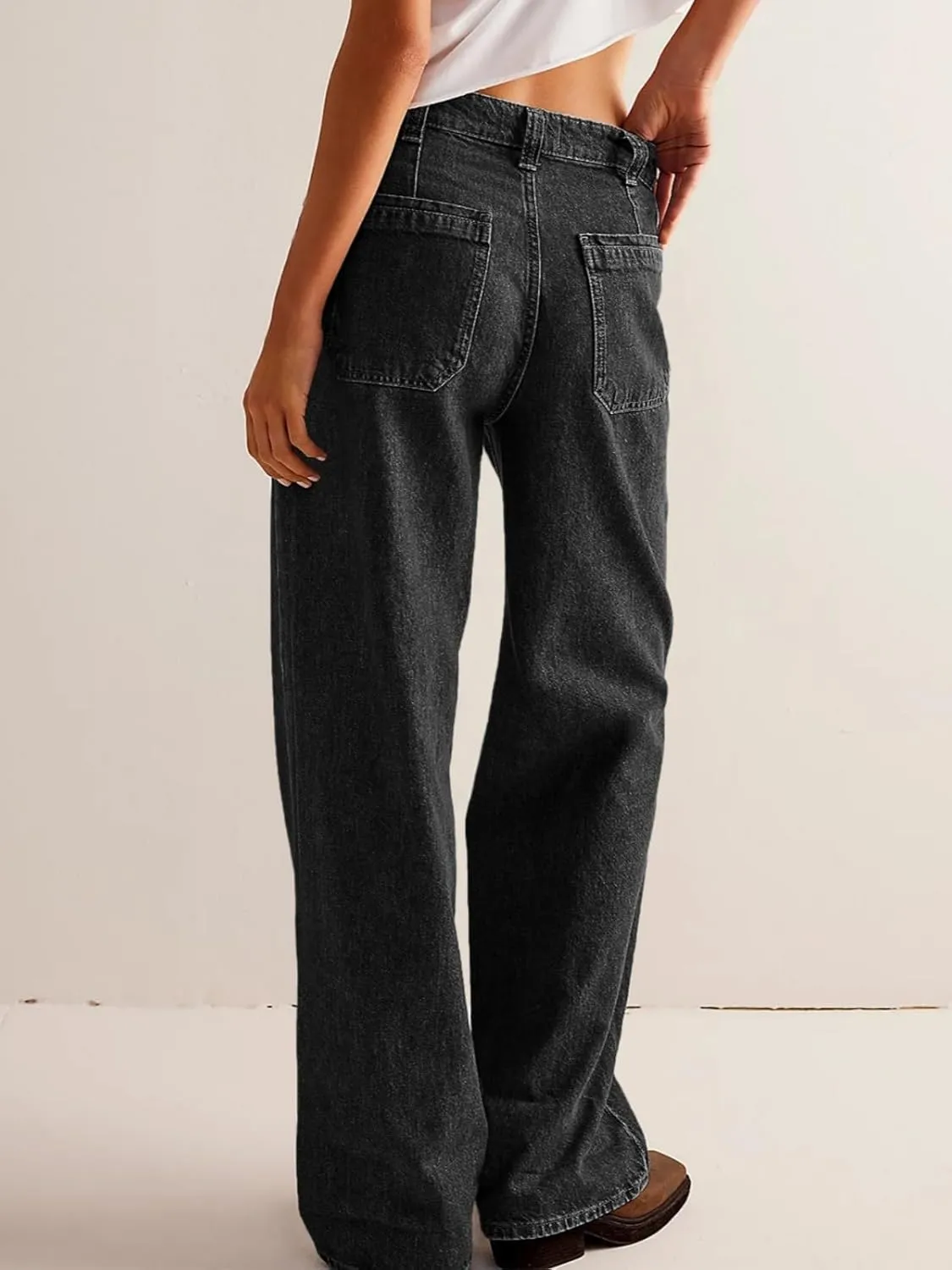 PLNOTME Womens Cuffed Wide Leg Jeans Boyfriend Casual Mid Rise Denim Pants with Pockets