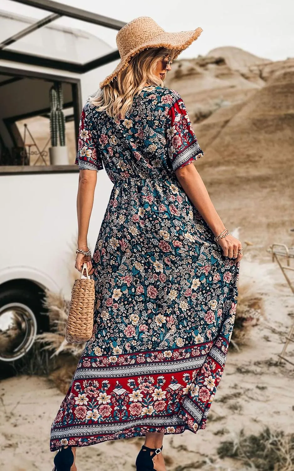PRETTYGARDEN Women's Summer Boho Floral Dress Casual Beach Vacation Sundress V Neck Short Sleeve Long Maxi Dresses