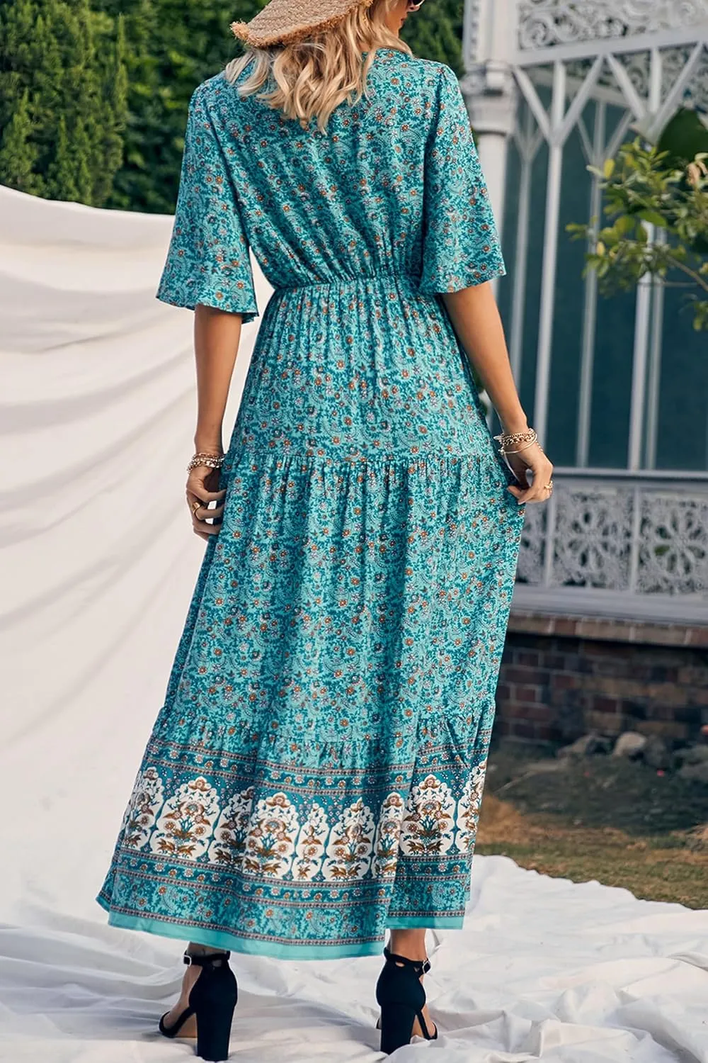 PRETTYGARDEN Women's Summer Boho Floral Dress Casual Beach Vacation Sundress V Neck Short Sleeve Long Maxi Dresses