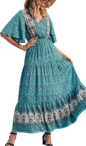 PRETTYGARDEN Women's Summer Boho Floral Dress Casual Beach Vacation Sundress V Neck Short Sleeve Long Maxi Dresses