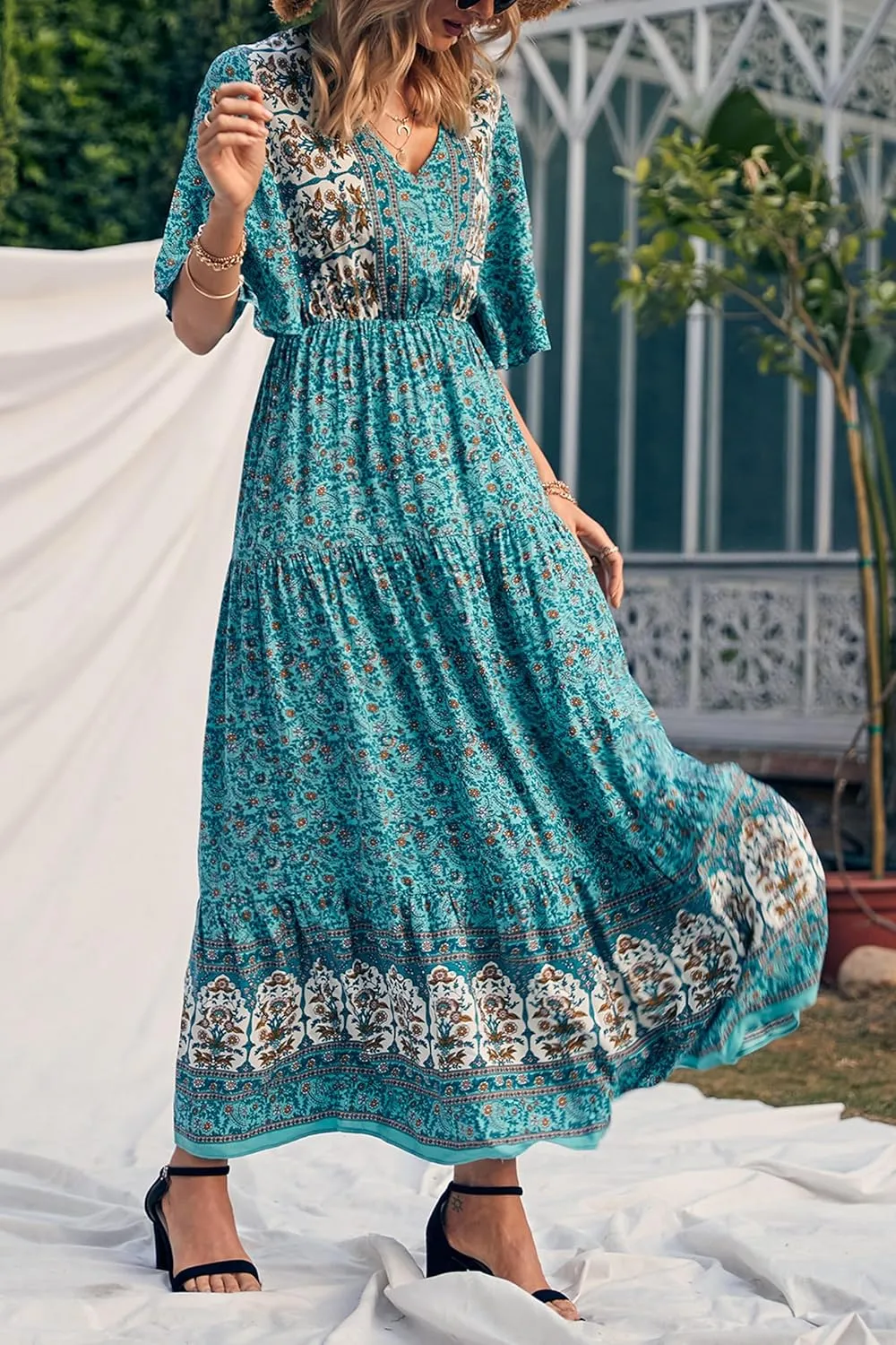 PRETTYGARDEN Women's Summer Boho Floral Dress Casual Beach Vacation Sundress V Neck Short Sleeve Long Maxi Dresses