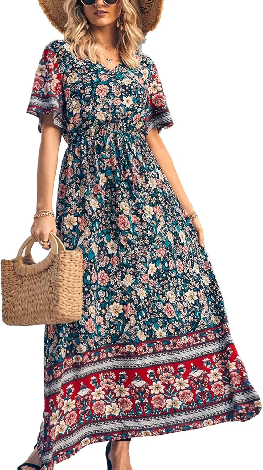 PRETTYGARDEN Women's Summer Boho Floral Dress Casual Beach Vacation Sundress V Neck Short Sleeve Long Maxi Dresses