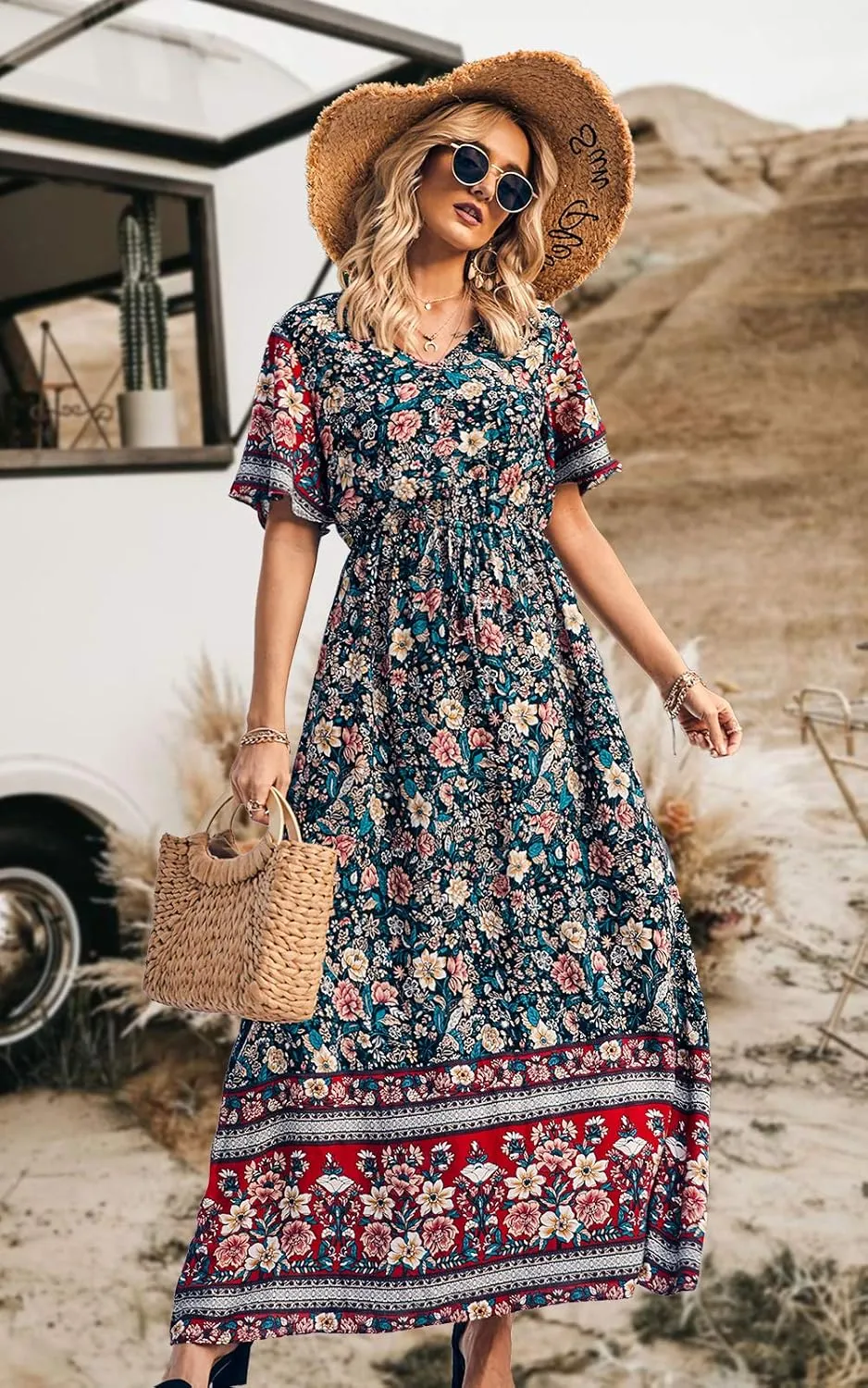PRETTYGARDEN Women's Summer Boho Floral Dress Casual Beach Vacation Sundress V Neck Short Sleeve Long Maxi Dresses