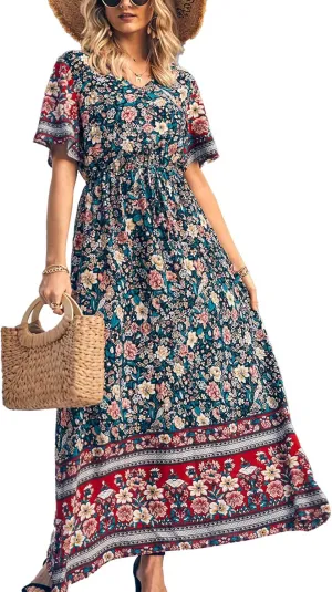 PRETTYGARDEN Women's Summer Boho Floral Dress Casual Beach Vacation Sundress V Neck Short Sleeve Long Maxi Dresses