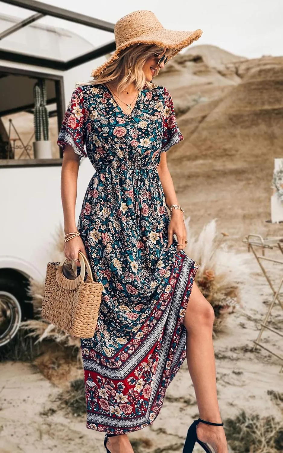PRETTYGARDEN Women's Summer Boho Floral Dress Casual Beach Vacation Sundress V Neck Short Sleeve Long Maxi Dresses