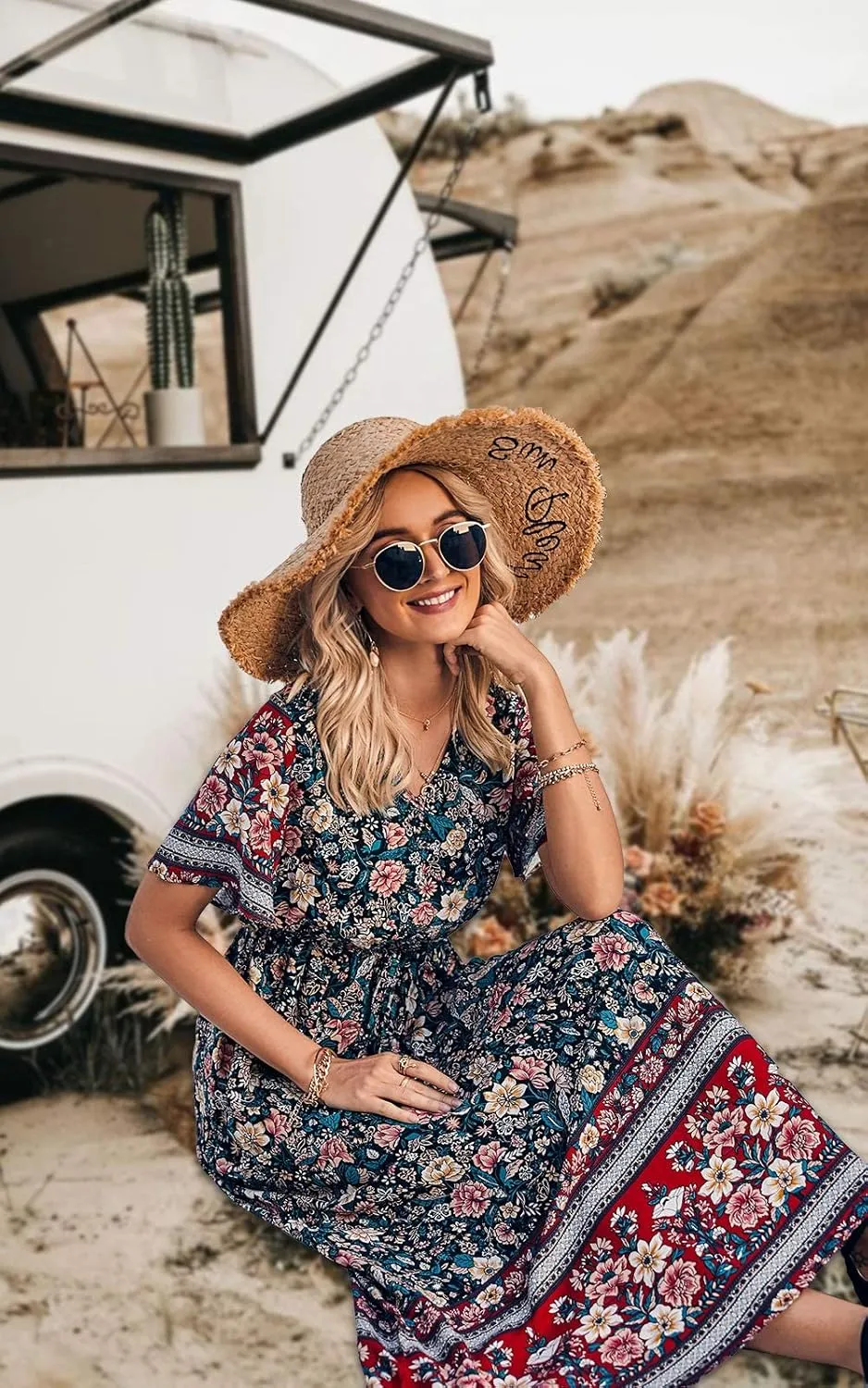 PRETTYGARDEN Women's Summer Boho Floral Dress Casual Beach Vacation Sundress V Neck Short Sleeve Long Maxi Dresses