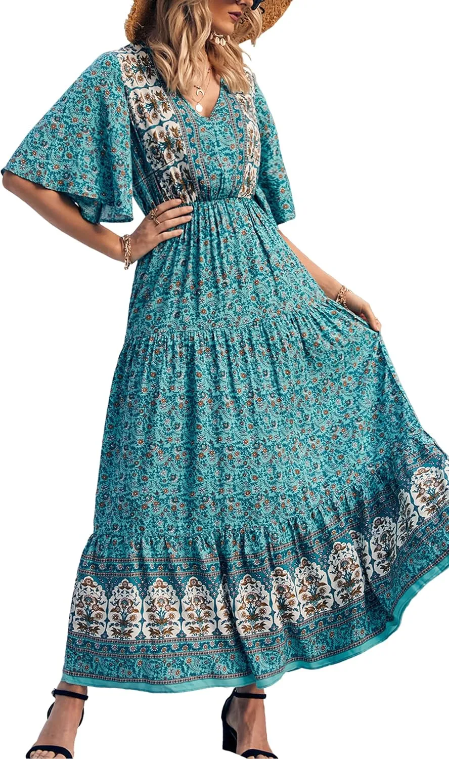 PRETTYGARDEN Women's Summer Boho Floral Dress Casual Beach Vacation Sundress V Neck Short Sleeve Long Maxi Dresses