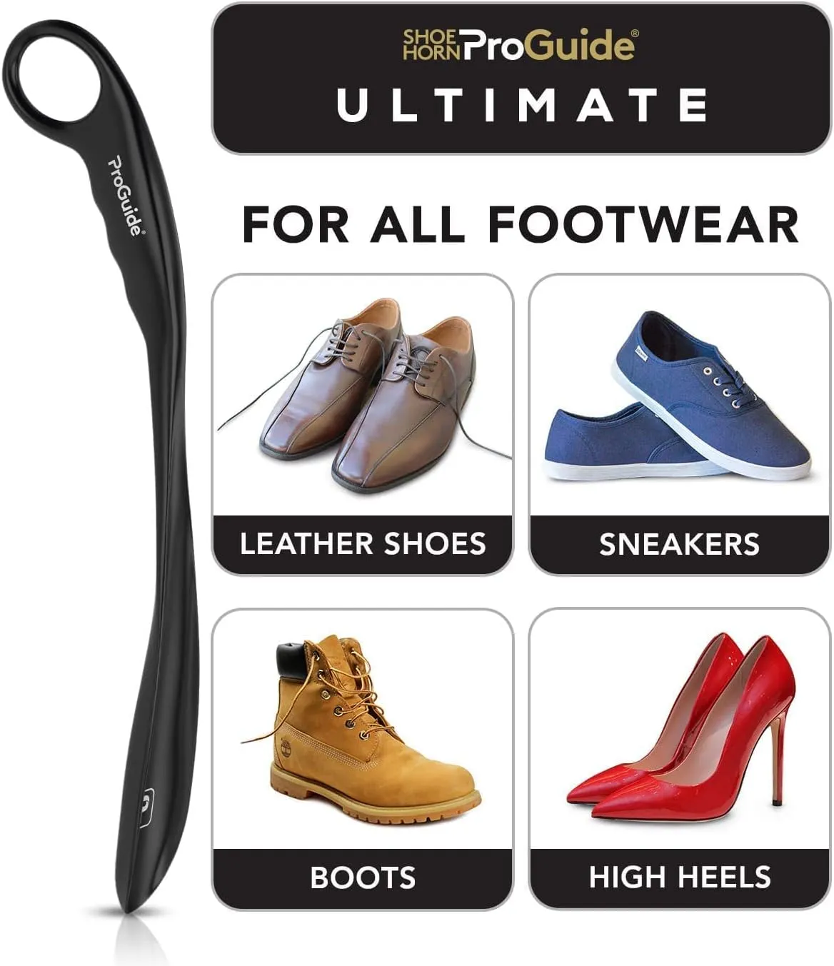 Professional Long Handled Shoe Horn | 15, 17, 20" Solid Metal Shoehorn for Seniors, Men, Women