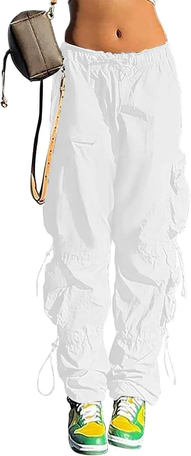 QYANGG Baggy Parachute Pants for Women& Girls Drawstring Elastic Low Waist Ruched Cargo Pants Multiple Pockets Jogger Y2K