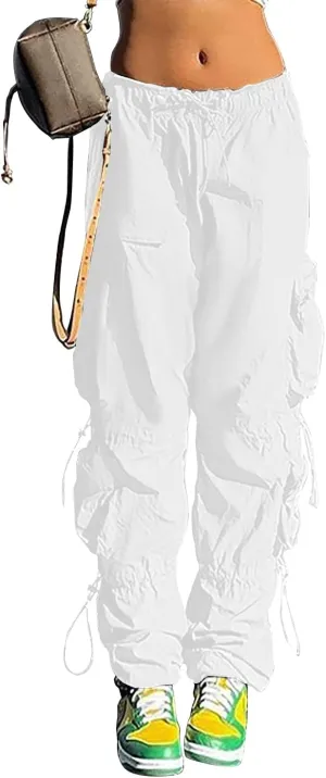 QYANGG Baggy Parachute Pants for Women& Girls Drawstring Elastic Low Waist Ruched Cargo Pants Multiple Pockets Jogger Y2K