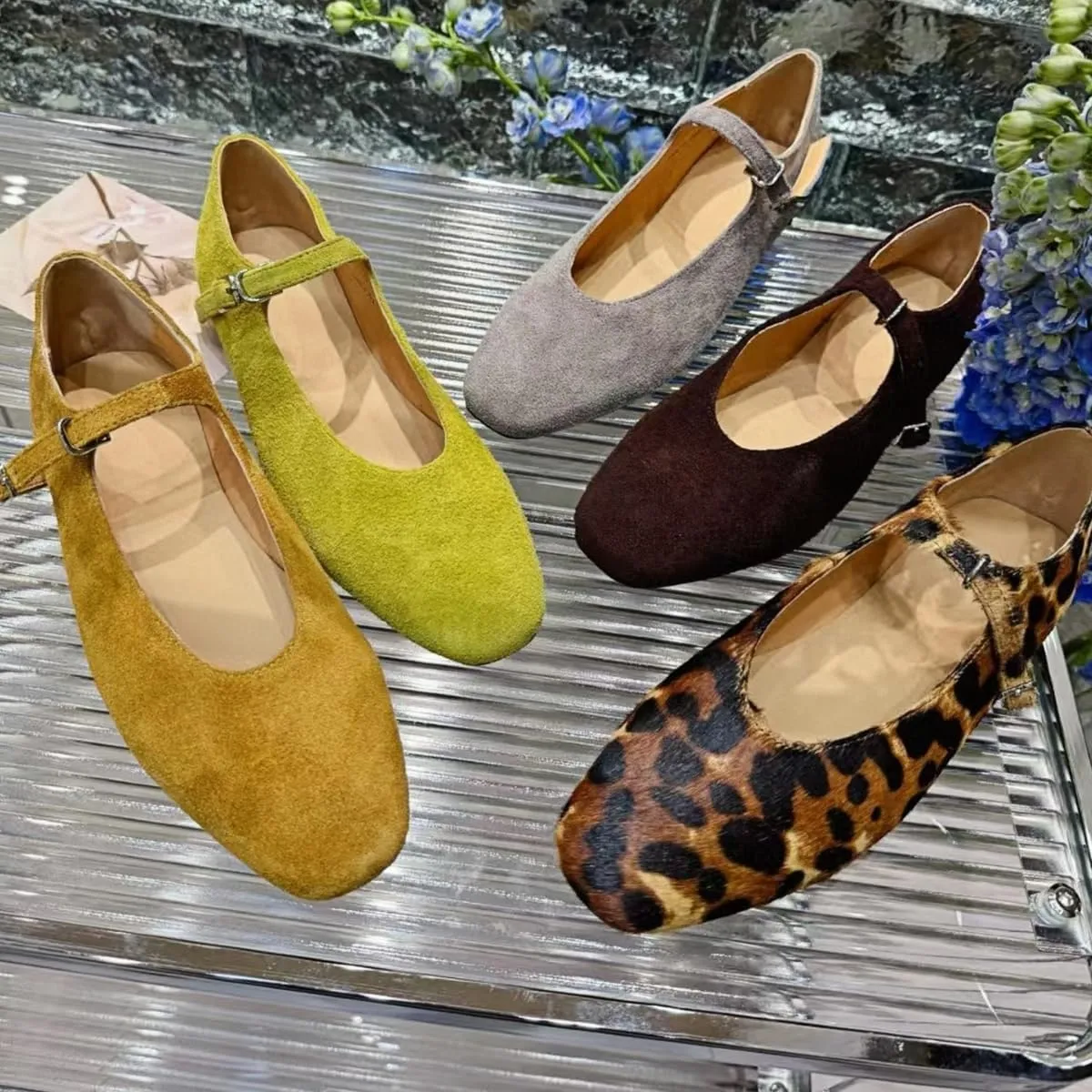 Retro Mary Jane Shoes Women with Single Strap Closed Toe Genuine Suede Leather Low-Cut Ballet Flats Wedding Shoe or Comfort Daily Casual Weekend