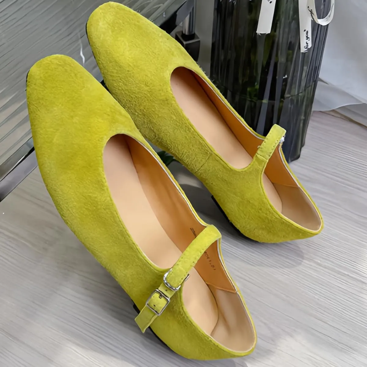 Retro Mary Jane Shoes Women with Single Strap Closed Toe Genuine Suede Leather Low-Cut Ballet Flats Wedding Shoe or Comfort Daily Casual Weekend