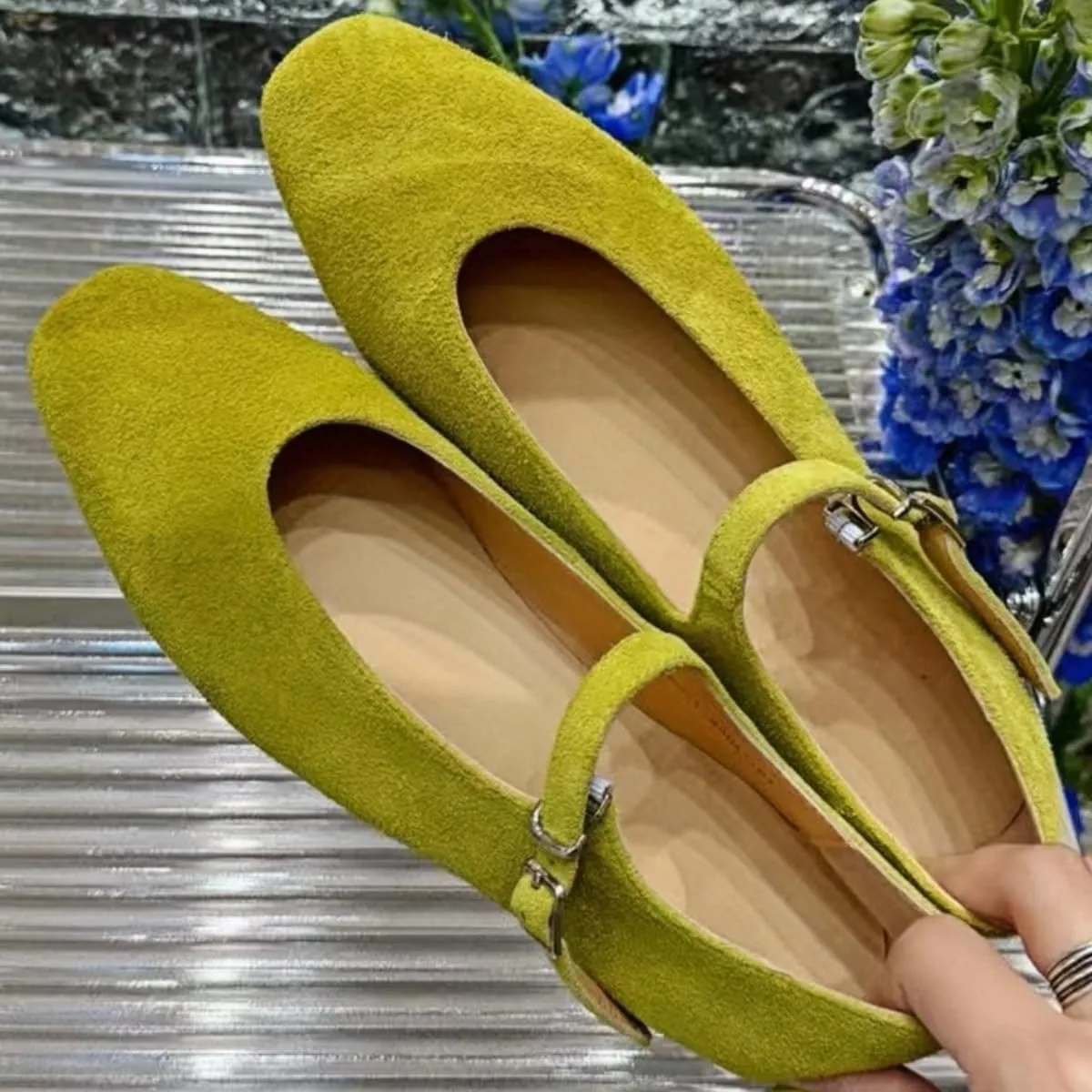 Retro Mary Jane Shoes Women with Single Strap Closed Toe Genuine Suede Leather Low-Cut Ballet Flats Wedding Shoe or Comfort Daily Casual Weekend