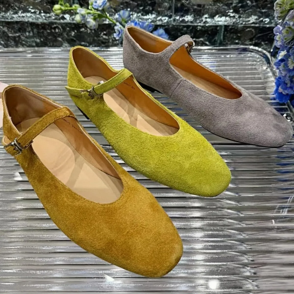 Retro Mary Jane Shoes Women with Single Strap Closed Toe Genuine Suede Leather Low-Cut Ballet Flats Wedding Shoe or Comfort Daily Casual Weekend