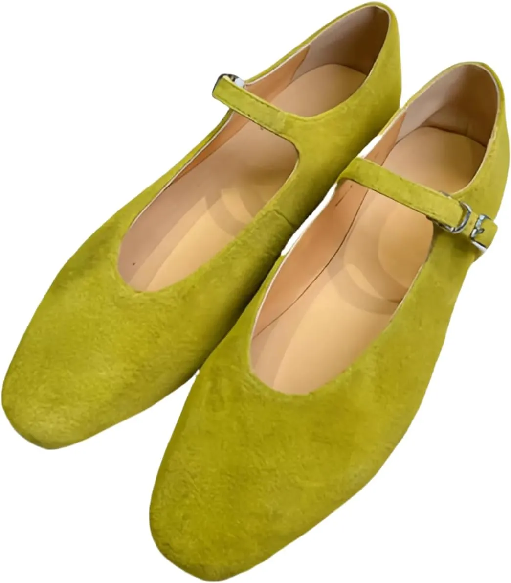 Retro Mary Jane Shoes Women with Single Strap Closed Toe Genuine Suede Leather Low-Cut Ballet Flats Wedding Shoe or Comfort Daily Casual Weekend