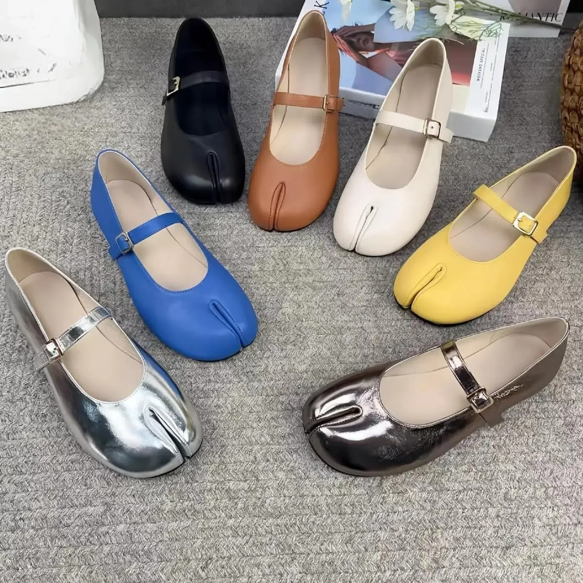 Retro Tabi Ballet Flats Shoes for Women Single-Strap Genuine Leather Mary Jane Flat Closed Split-Toe Low-Cut Soft Upper and Insole Comfort Office Work