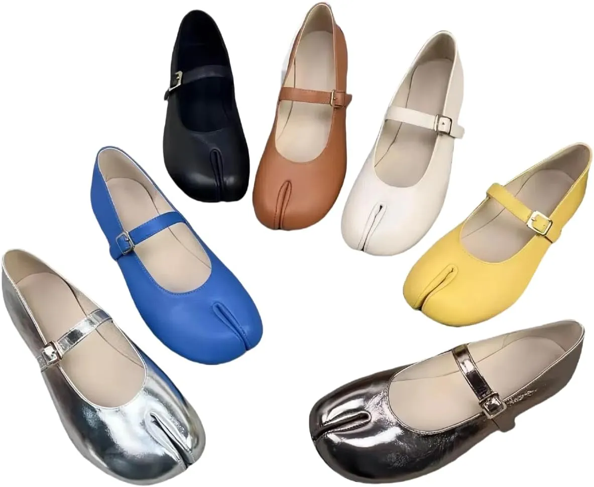 Retro Tabi Ballet Flats Shoes for Women Single-Strap Genuine Leather Mary Jane Flat Closed Split-Toe Low-Cut Soft Upper and Insole Comfort Office Work