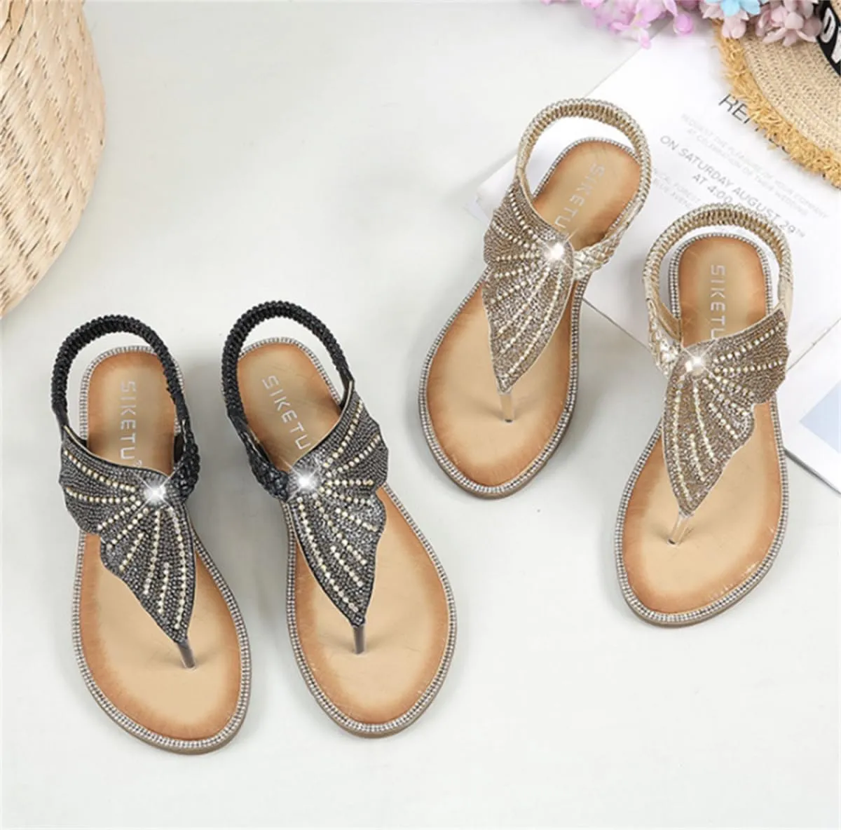 Rhinestone Flat Sandals for Women Casual Summer Crystal Butterfly Bohemian Sandals T-Strap Dressy Open Toe Shoes