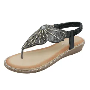 Rhinestone Flat Sandals for Women Casual Summer Crystal Butterfly Bohemian Sandals T-Strap Dressy Open Toe Shoes