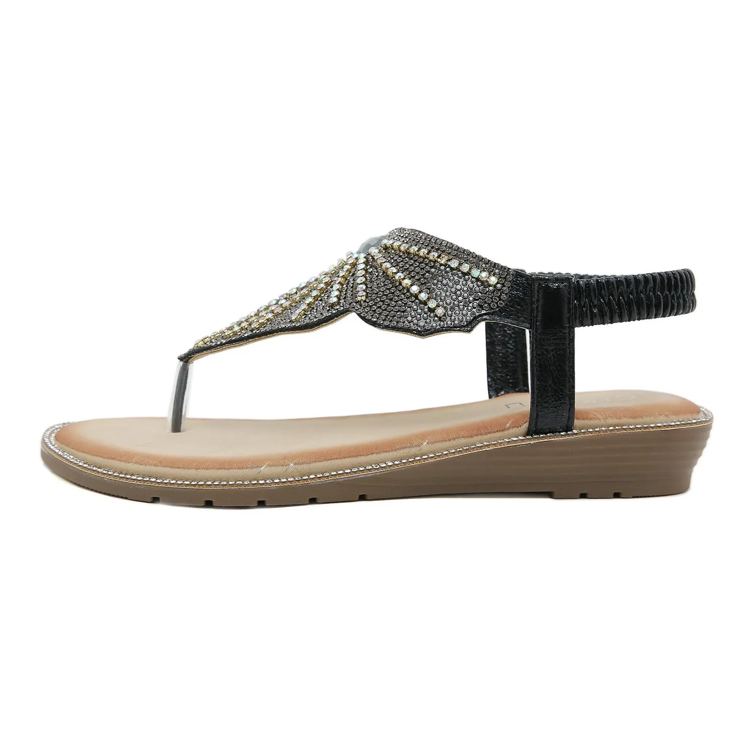 Rhinestone Flat Sandals for Women Casual Summer Crystal Butterfly Bohemian Sandals T-Strap Dressy Open Toe Shoes