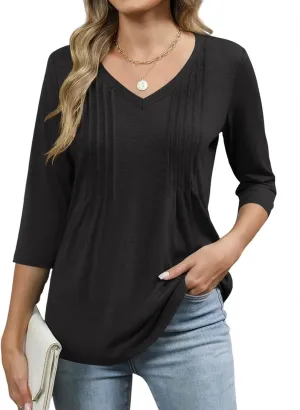 Romanstii Shirts for Women 2025 Summer 3/4 Length Sleeve Womens Tops Dressy Casual Pleated Blouses V Neck Tee Shirts S-3XL