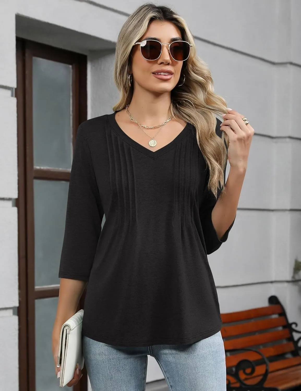 Romanstii Shirts for Women 2025 Summer 3/4 Length Sleeve Womens Tops Dressy Casual Pleated Blouses V Neck Tee Shirts S-3XL