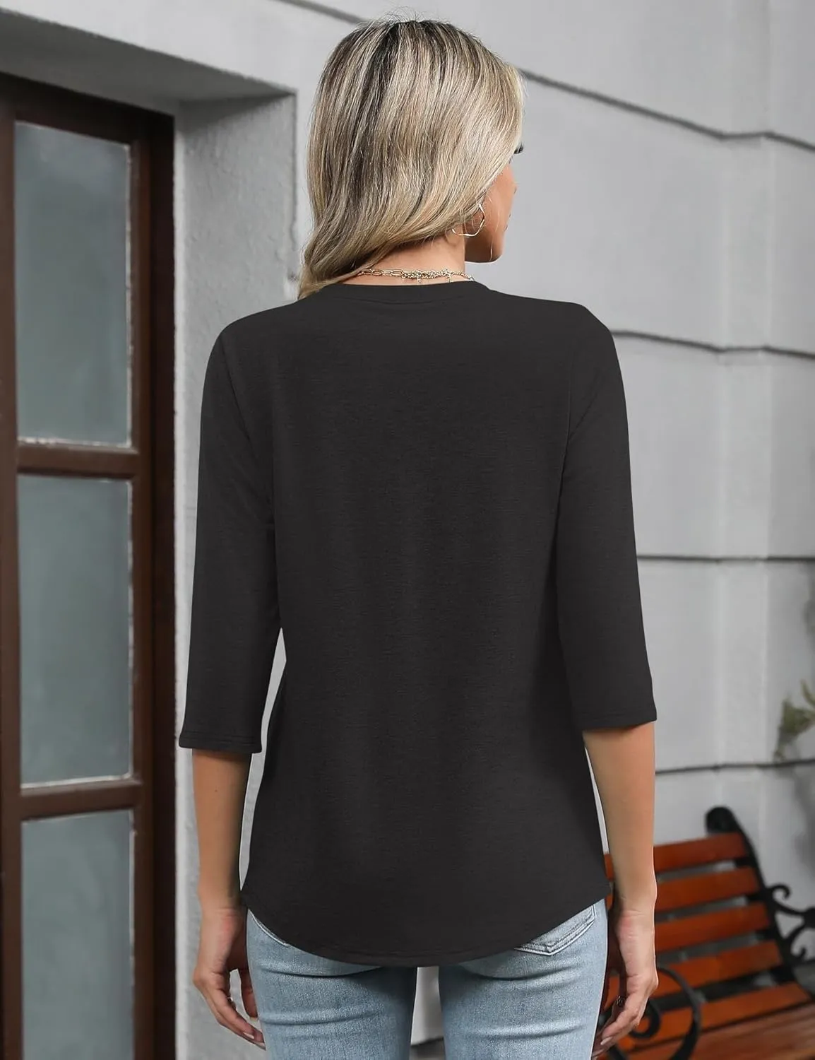 Romanstii Shirts for Women 2025 Summer 3/4 Length Sleeve Womens Tops Dressy Casual Pleated Blouses V Neck Tee Shirts S-3XL