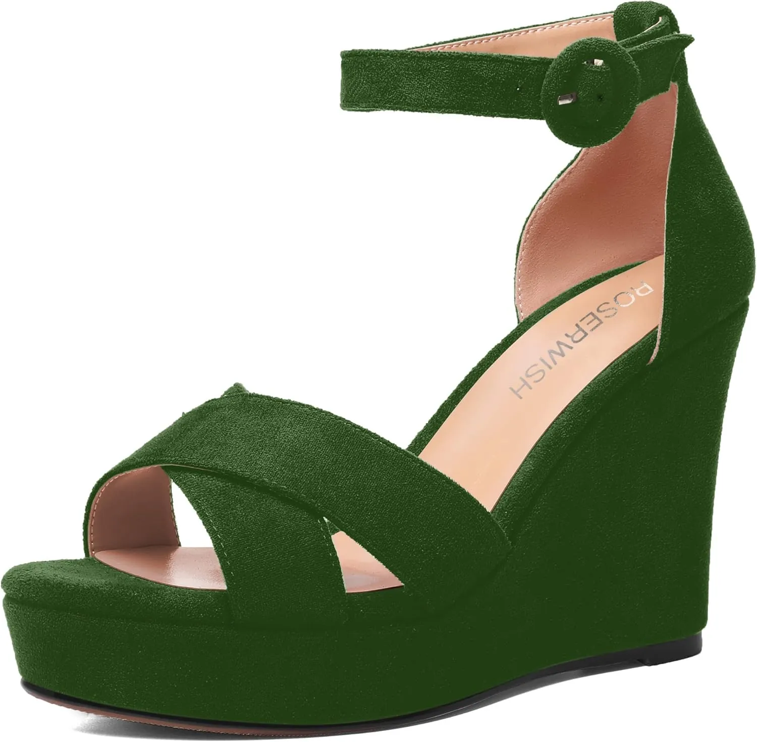 ROSERWISH Womens Buckle Fashion Round Toe Ankle Strap Platform Evening Suede Sexy Wedge High Heel Sandals 4 Inch