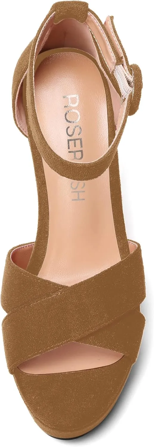ROSERWISH Womens Buckle Fashion Round Toe Ankle Strap Platform Evening Suede Sexy Wedge High Heel Sandals 4 Inch