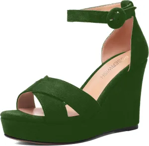 ROSERWISH Womens Buckle Fashion Round Toe Ankle Strap Platform Evening Suede Sexy Wedge High Heel Sandals 4 Inch
