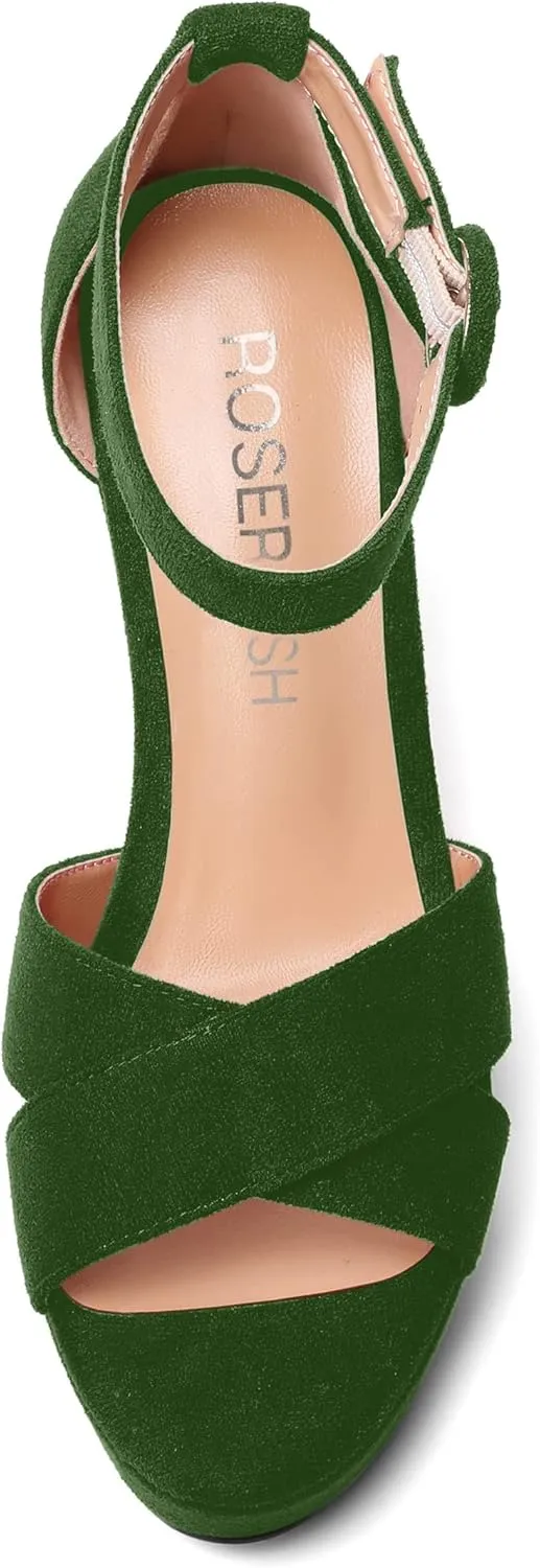 ROSERWISH Womens Buckle Fashion Round Toe Ankle Strap Platform Evening Suede Sexy Wedge High Heel Sandals 4 Inch
