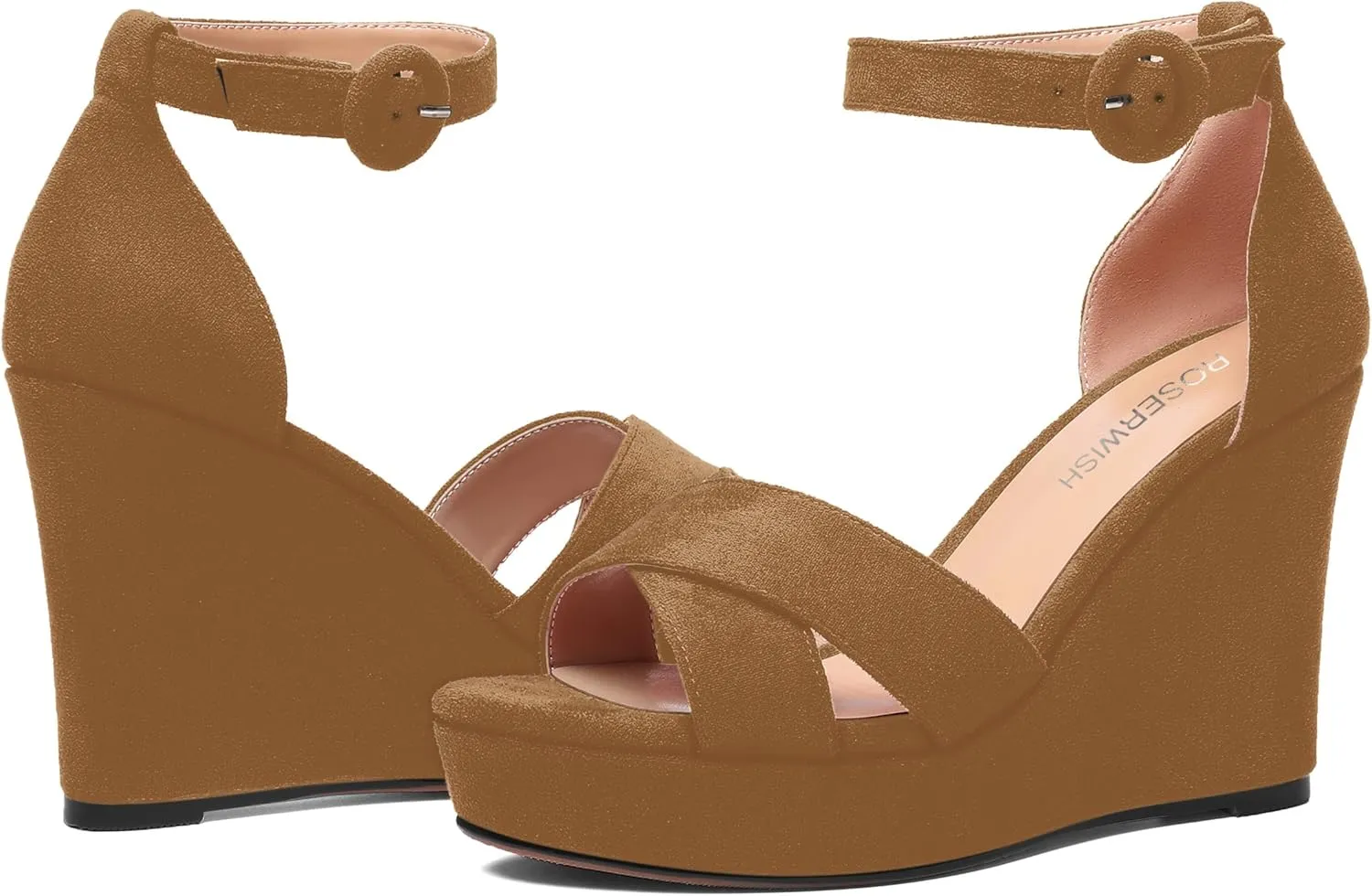 ROSERWISH Womens Buckle Fashion Round Toe Ankle Strap Platform Evening Suede Sexy Wedge High Heel Sandals 4 Inch